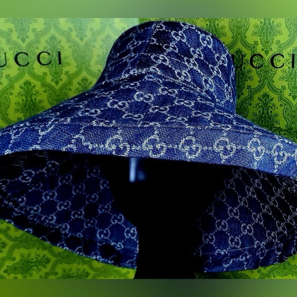 Gucci Denim GG Monogram Bucket Hat Wide Large Brim Navy Blue Sun Coverage - Picture 2 of 16